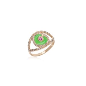 2306 Gold Matia Green Enameled Ring with Diamonds and Sapphire