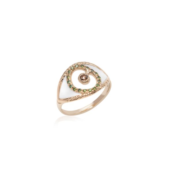 2308 Gold Matia White Enameled Ring with Green and Brown Diamonds