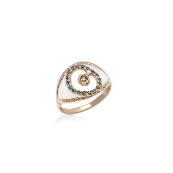 2309 Gold Matia White Enameled Ring with Blue and Brown Diamonds