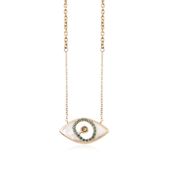 2320 Gold Matia White Enameled Necklace with Blue and Brown Diamonds
