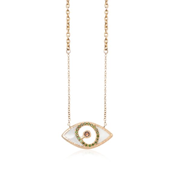 2386 Gold Matia White Enameled Necklace with Green and Brown Diamonds