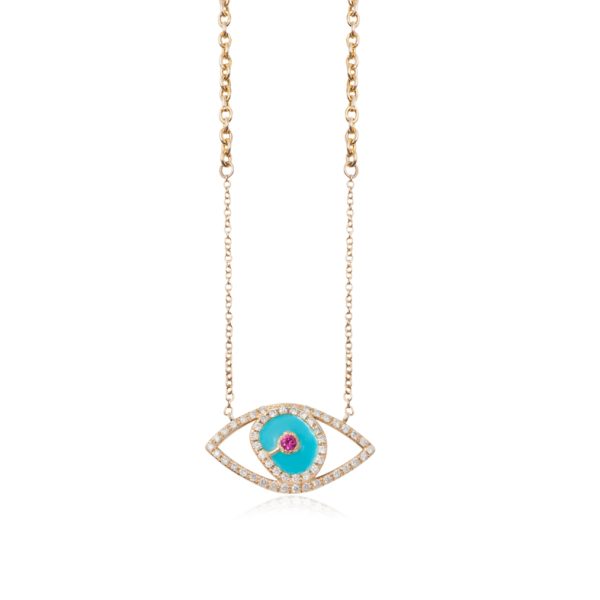 2403 Gold Matia Turquoise Enameled Necklace with Diamonds and Sapphire