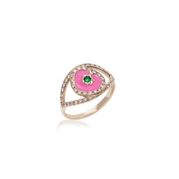 2406 Gold Matia Pink Enameled Ring with Diamonds and Emerald