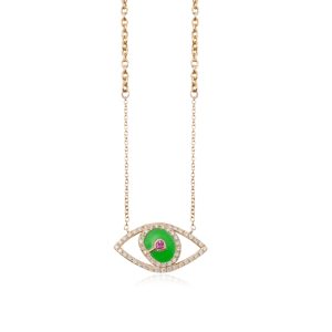 2409 Gold Matia Green Enameled Necklace with Diamonds and Sapphire